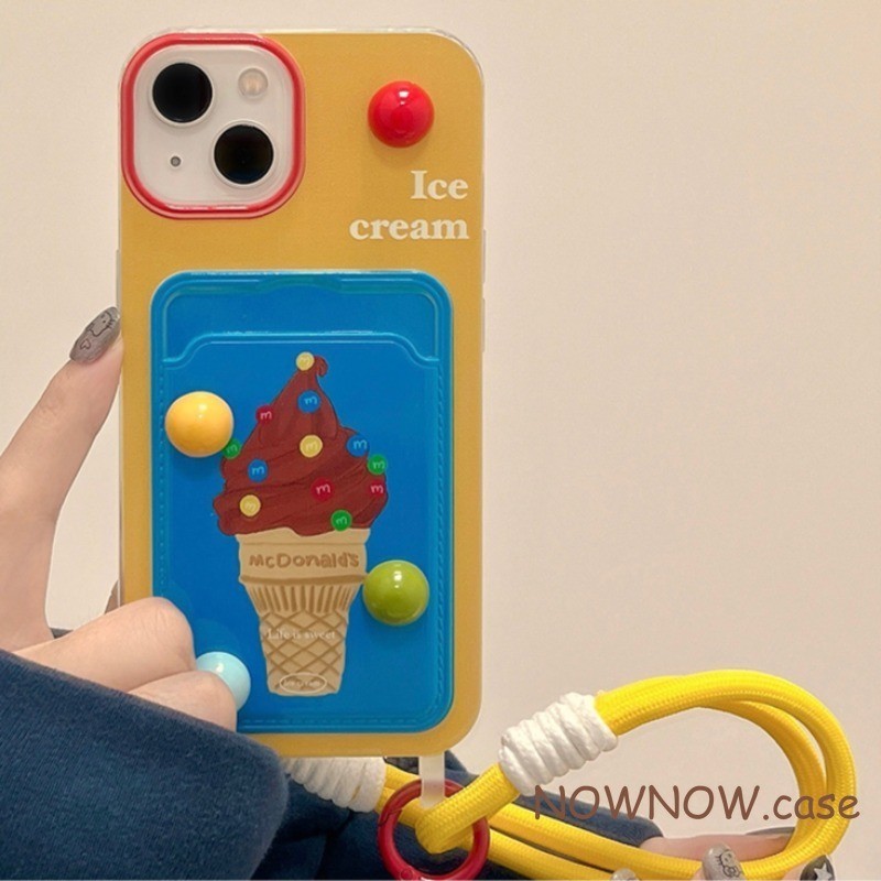 สําหรับiphone 15 14 13 12 11 Pro MAX X XR XS MAX 7 8 Plus SE 2020 INSการ์ตูนน่ารักสามมิติสีPolka dot ice Creamการ์ดกระเป๋าสายรัดข้อมือแขวนเชือกปกอ่อน