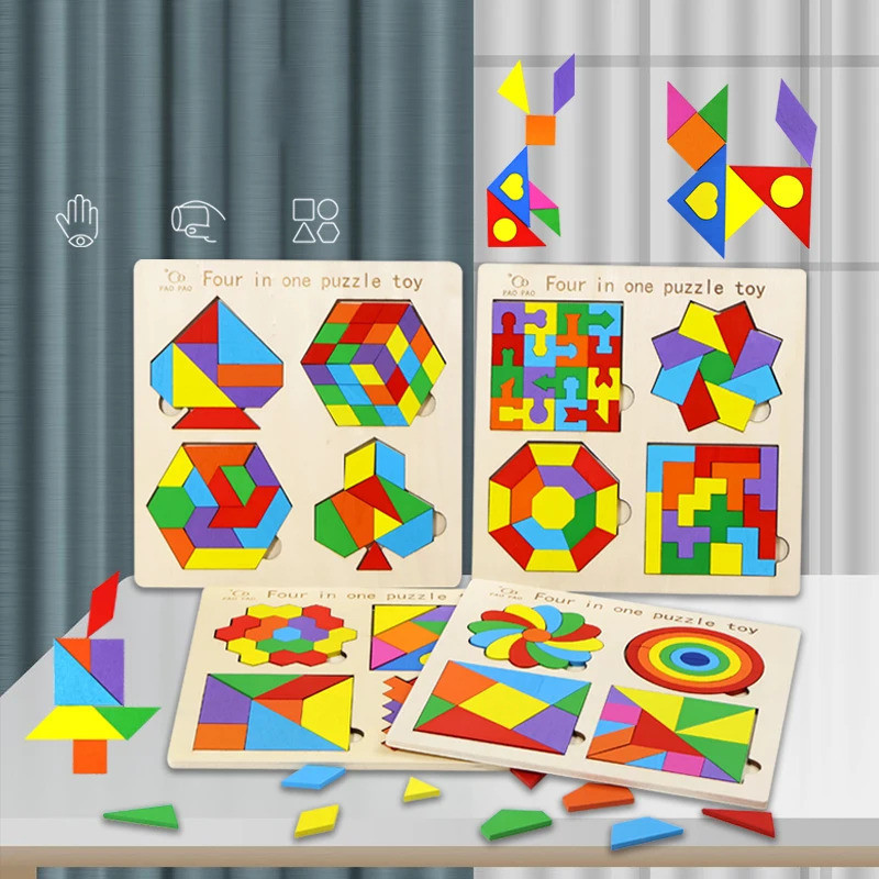 4 in 1 Montessori Tangram จิ๊กซอว์ปริศนาของเล่นไม้รูปทรงเรขาคณิตปริศนาความรู้ความเข้าใจที่มีสีสันบล็อกตัวต่อไม้ของขวัญสําหรับเด็ก