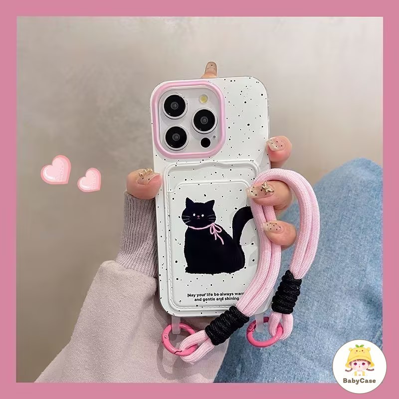 จุดคลื่นแมวดำน่ารักลึกลับ ช่องใส่บัตรพร้อมสายคล้อง เคส IPhone 11 13 12 15 14 Pro Max 7 8 14 Plus XR X XS Max SE 2020