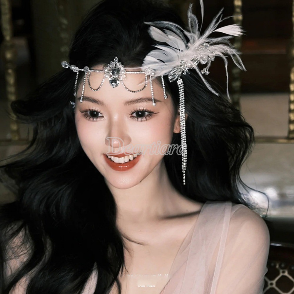 ผ้าโพกศีรษะขนนกเจ้าสาวพร้อมพู่ Rhinestone ผ้าโพกศีรษะงานแต่งงาน