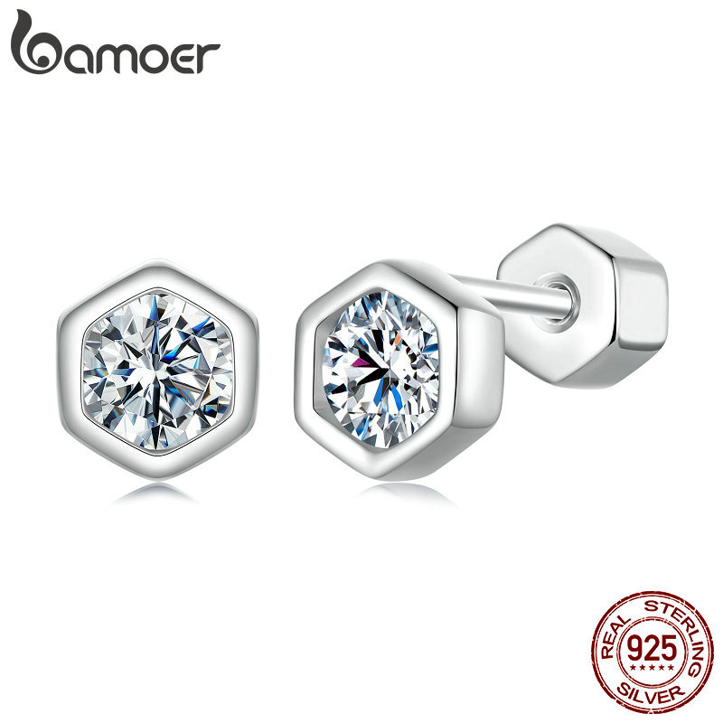 Bamoer 925 เงินสเตอร์ลิง Sliver Studs ต่างหูประกาย Moissanite 0.1ct ของขวัญเครื่องประดับสําหรับผู้หญิง