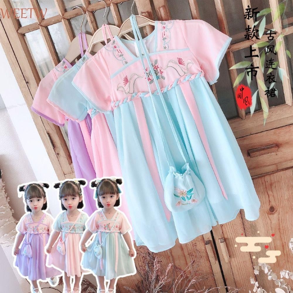 สุดสัปดาห์ ชุดเด็กผู้หญิง,ชุดฮั่นฝูแขนสั้นสไตล์จีนใหม่,ชุดพื้นเมืองจีนกิโมโนวินเทจสีม่วงสีชมพูชุดเจ้าหญิงเด็กฤดูร้อน