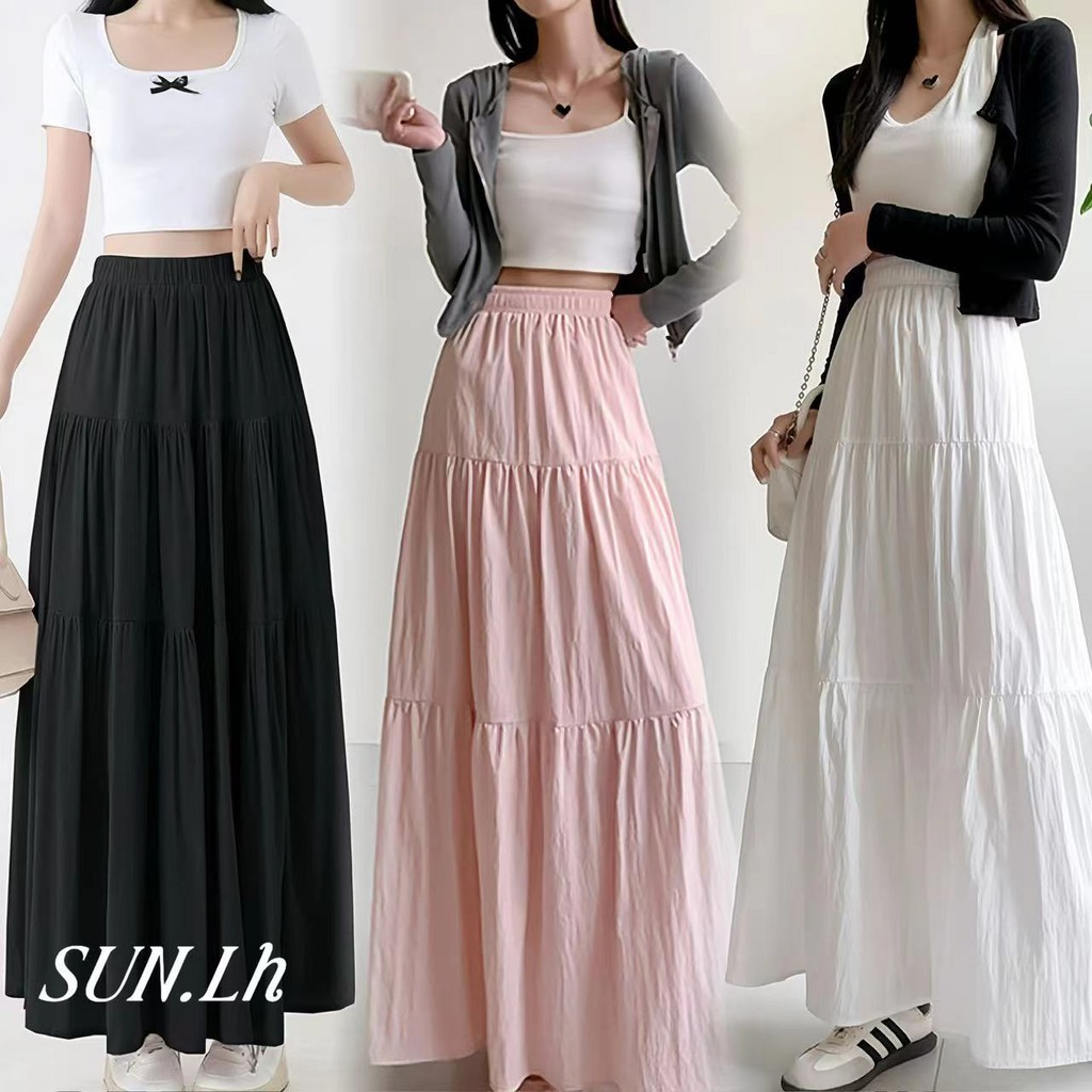 SUN พร้อมส่ง กระโปรงยาวผู้หญิง กระโปรงขาว ทรงเอ ผ้ายืดรูปทรงสวย เอวสูงเซ็กซี่ กระโปรงยาวสีทึบสไตล์ฝรั่งเศส