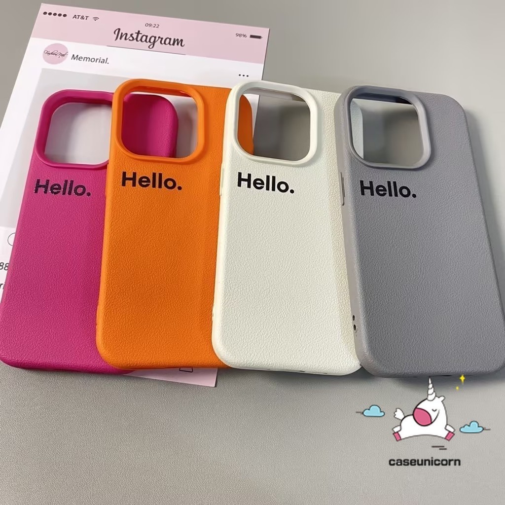 Simple Hello ตัวอักษรภาษาอังกฤษแฟชั่น Macaron ปลอกสีทึบสําหรับ IPhone XR 16 11 12 15 13 14 Pro Max X 14 16 15 Plus XS Max หรูหราผิวรู้สึกหนังนุ่มกรณี