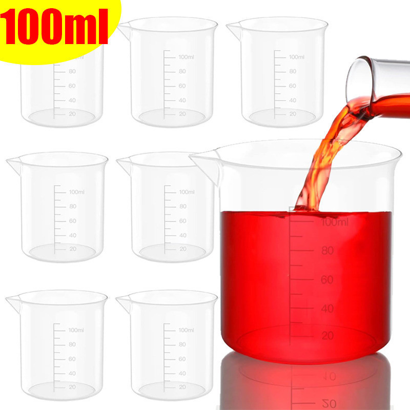ถ้วยตวง 100 มล. พร้อมสเกลที่แม่นยํา-ถ้วยปริมาตรพลาสติกใส-บีกเกอร์ในห้องปฏิบัติการ-ภาชนะบรรจุของเหลว-อุปกรณ์บาร์ครัว