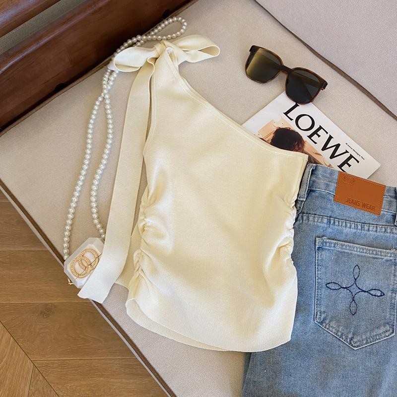 สินค้าใหม่มีสายรัดสไตล์ฝรั่งเศสผูกโบว์ไหล่เฉียงถักเสื้อชั้นในสตรีเสื้อแขนกุดเปิดไหล่สำหรับใส่ในฤดูร้อนสำหรับสาวฮอต lvbr
