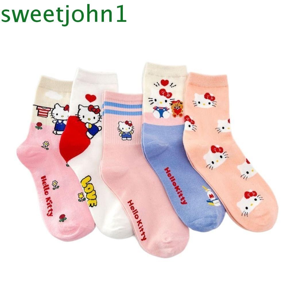 Sweetjohn ถุงเท้าแมวคิตตี้, ผ้าฝ้ายสัตว์การ์ตูนอะนิเมะถุงเท้า, Kawaii Letter Katie Cat Hosiery JK