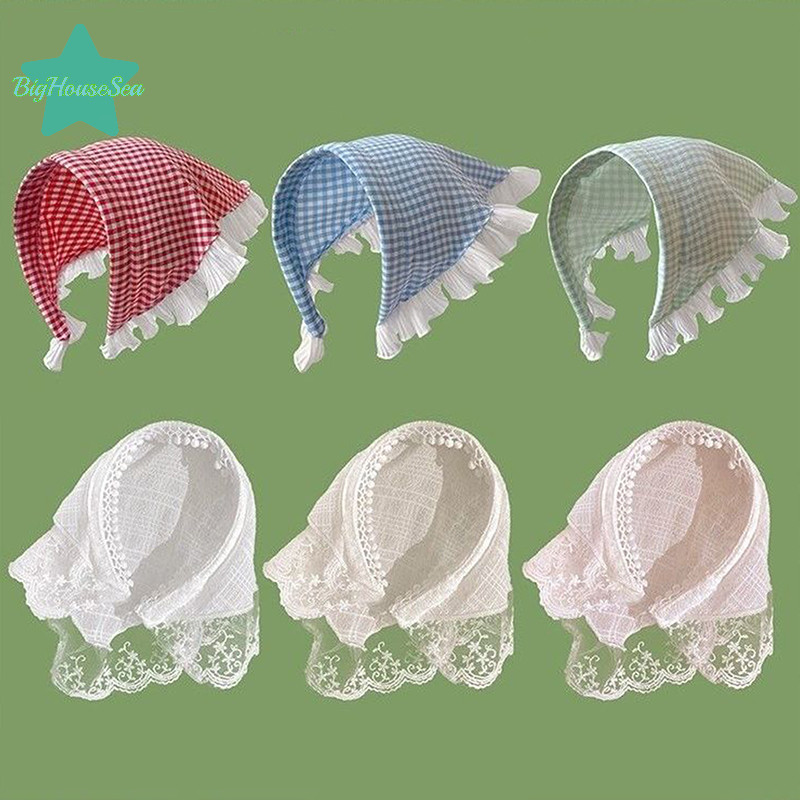 [BigHouseSea] แฟชั่นลูกไม้ลายสก๊อตสามเหลี่ยม Turban Hairband สําหรับผู้หญิงสาวหวานอารมณ์ผม Band เครื่องประดับผมใหม่