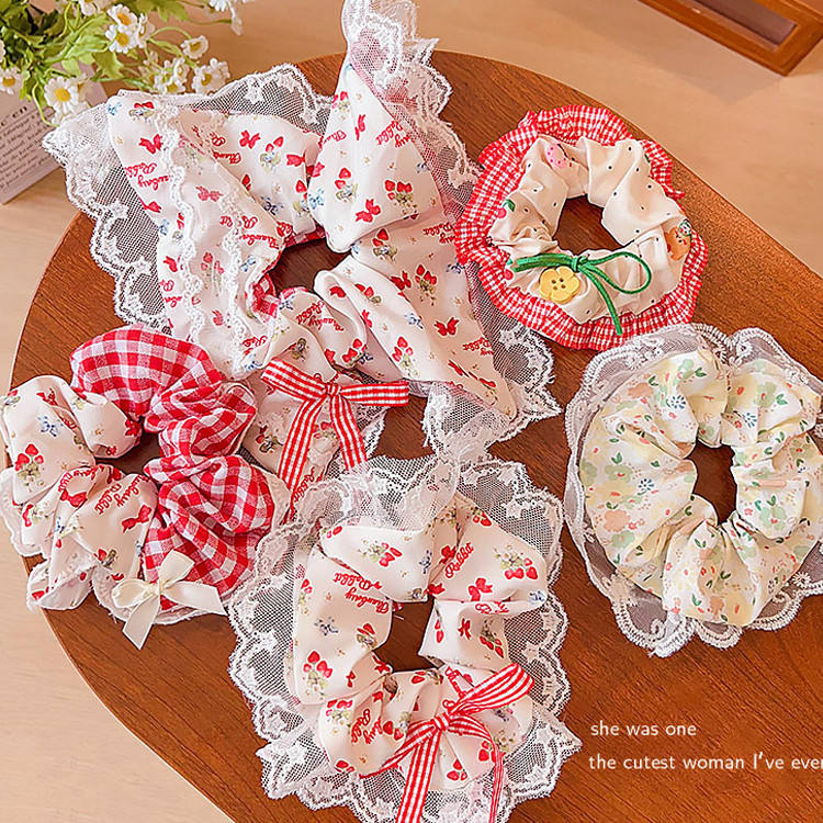 แฟชั่นสตรอเบอร์รี่สีแดงผูกผมหางม้าหัวเชือก ยางรัดผม เครื่องประดับผม
