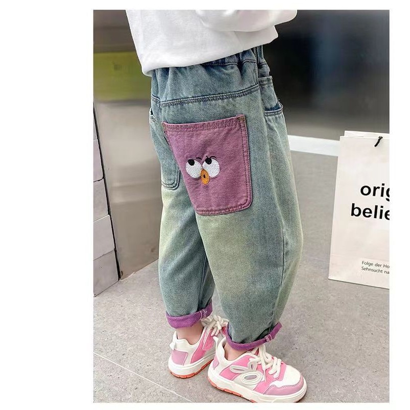 【YAOEENH】100-160 ซม.กางเกงยีนส์เด็กผู้หญิงกลางเด็กใหญ่สไตล์ตะวันตกหลวมตรงเรียบง่ายทุกการแข่งขัน Duzui กางเกงแครอทด้านล่างสีสันสดใสพร้อม