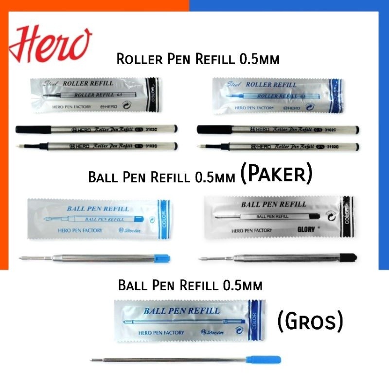 ไส้ปากกา ลูกลื่น Hero หมึกเทียบ ใส่ปากกา เพนเทล Pentel/ปาร์คเกอร์ Parker/ครอส CROSS ได้ P-TYPE BALL 