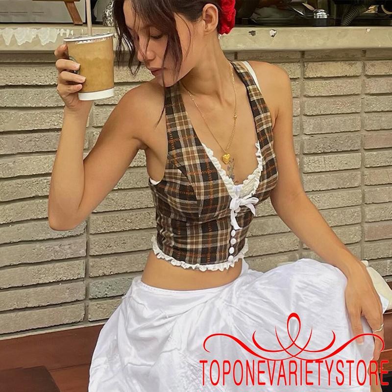 Topone-ผู้หญิงฤดูร้อน Halter คอเสื้อแขนกุดลูกไม้ Trim ลายสก๊อตพิมพ์ Crop Top