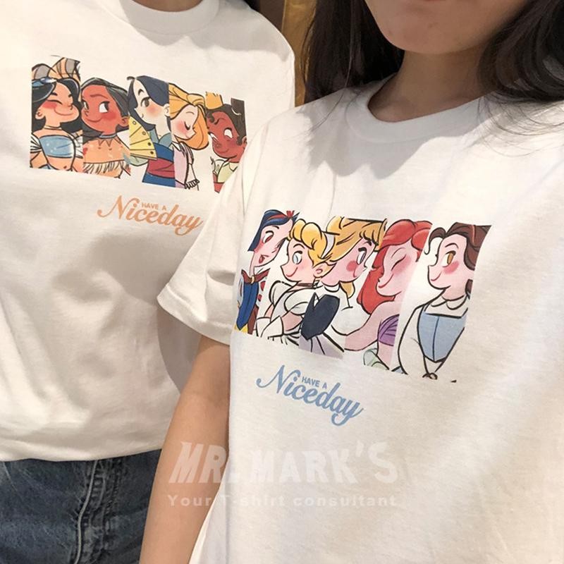 Basi เสื้อยืด oversize unisex เสื้อคู่ ลาย "NICEDAY" การ์ตูนเจ้าหญิง ผ้าคอตตอน100% ใส่สบาย สไตล์เกาหลี น่ารักๆ