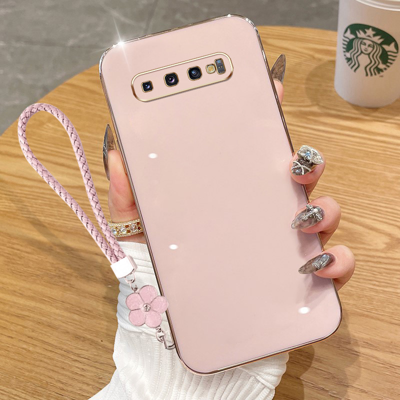 ปลอกสําหรับ Samsung Galaxy S10 S9 S8 Plus S10+ S9+ S8+ หรูหรา Electroplated ตรงขอบซิลิโคนนุ่มโทรศัพท์ป้องกันกรณีดอกไม้เชือกแขวน