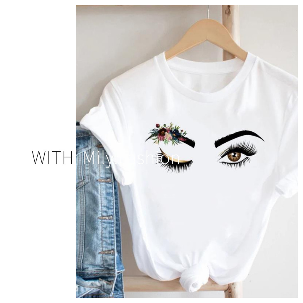 Milyfashion เสื้อยืดแขนสั้นลําลอง พิมพ์ลายขนตา แบบบาง เป็นที่นิยม แฟชั่นฤดูร้อน 2023