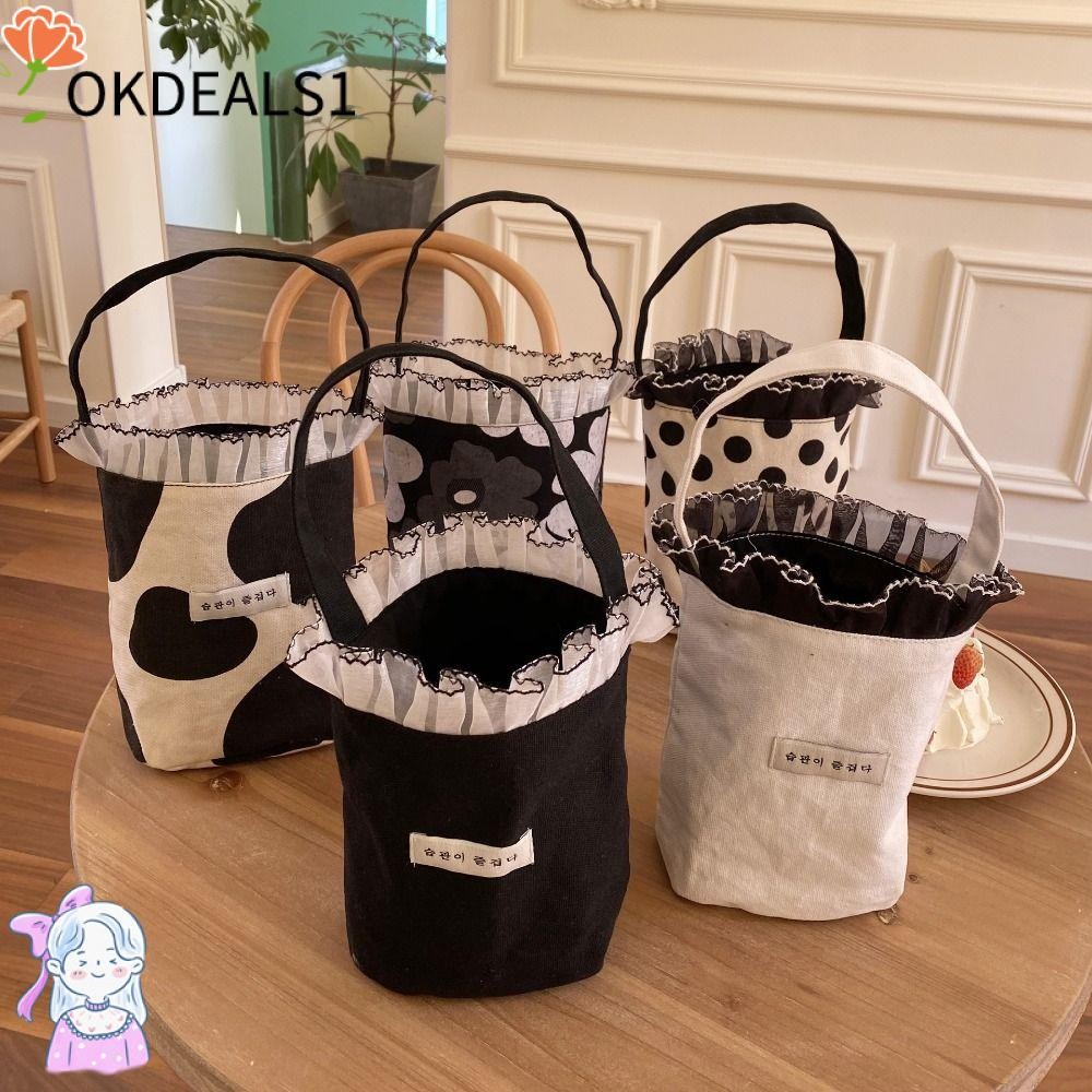 Dealshop กระเป๋าทรงกระบอก, กระเป๋าถังพกพาลายการ์ตูน, กระเป๋าโท้ต Canva ความจุขนาดใหญ่