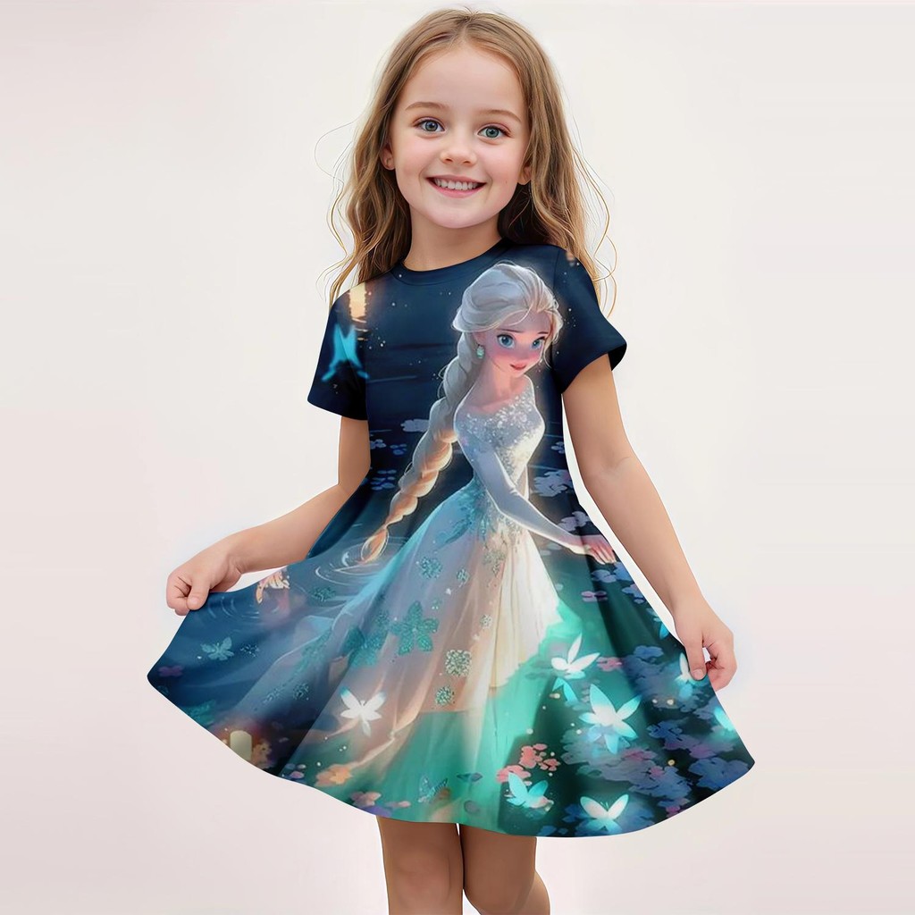 Frozen ฤดูร้อนสาวกระโปรงแขนสั้นชุด 3d พิมพ์การ์ตูนน่ารัก Disney Princess แฟชั่น Breathable เสื้อผ้า Party