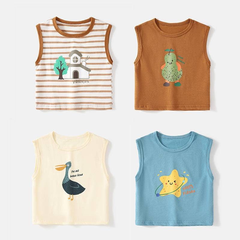 ฤดูร้อนเด็กทารกเสื้อกั๊กผ้าฝ้ายด้านบนแขนกุดสบายๆการ์ตูนเสื้อยืด