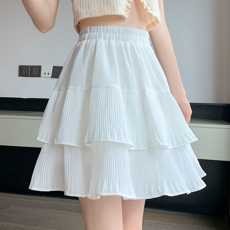 สีขาว Ruffled กระโปรงจีบผู้หญิง 2024 ฤดูใบไม้ผลิฤดูร้อนเอวสูงผ้าม่านเค้กกระโปรง A-Line กระโปรงพัฟ
