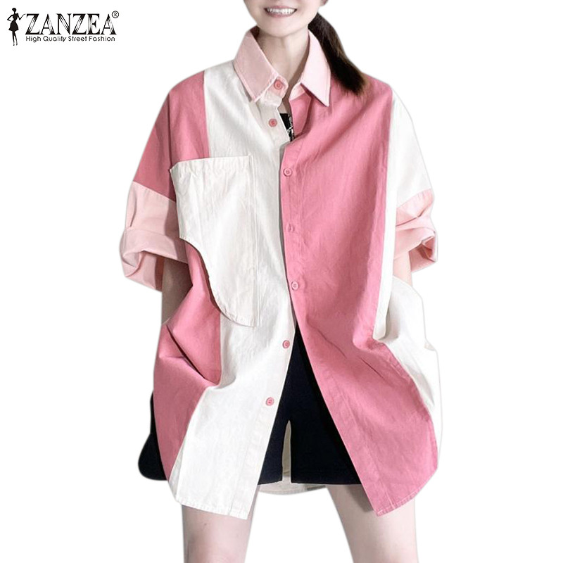 ZANZEA ใส่ ซานเซีย ผู้หญิงเกาหลีเย็บปะติดปะต่อกันสบายๆเปิดลงปกหลวม3/4แขนเสื้อ
