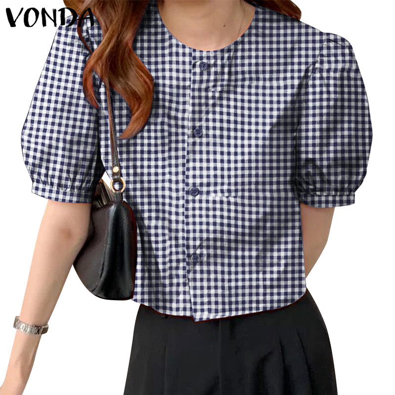 Vonda ผู้หญิงเกาหลี Casual Millennium ลายสก๊อตพัฟแขนเสื้อ