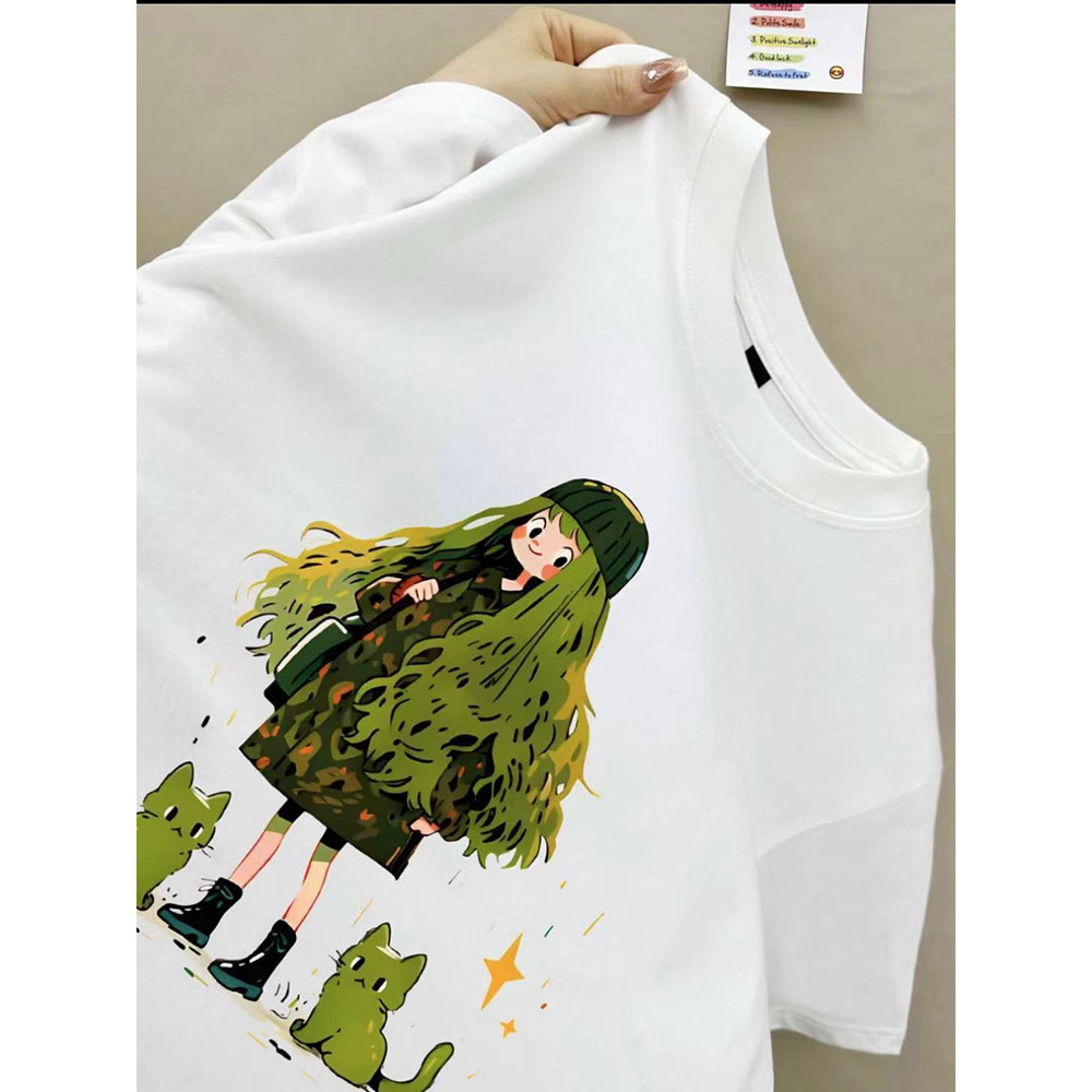 UT พร้อมส่ง เสื้อยืด โอเวอร์ไซส์ ผู้ชายและผู้หญิง ผ้าคอตตอน ผ้าฝ้ายใส่สบาย สไตล์เกาหลี มินิมอล ลุคคุณหนู ลาย"GIRL CAT"