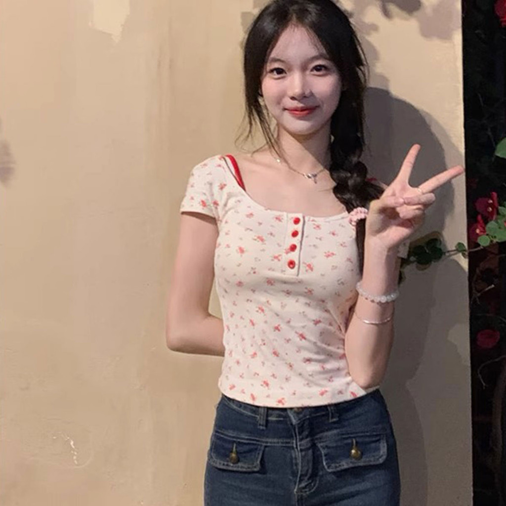 เสื้อยืดสั้นแขนสั้นลายดอกไม้ ดีไซน์สุดหรูสำหรับฤดูร้อน