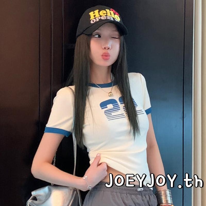 Joeyjoy-เสื้อยืดแขนสั้นผู้หญิงคอลูกเรือตัวอักษรพิมพ์สลิมฟิตฤดูร้อนกีฬาสไตล์ท็อปส์