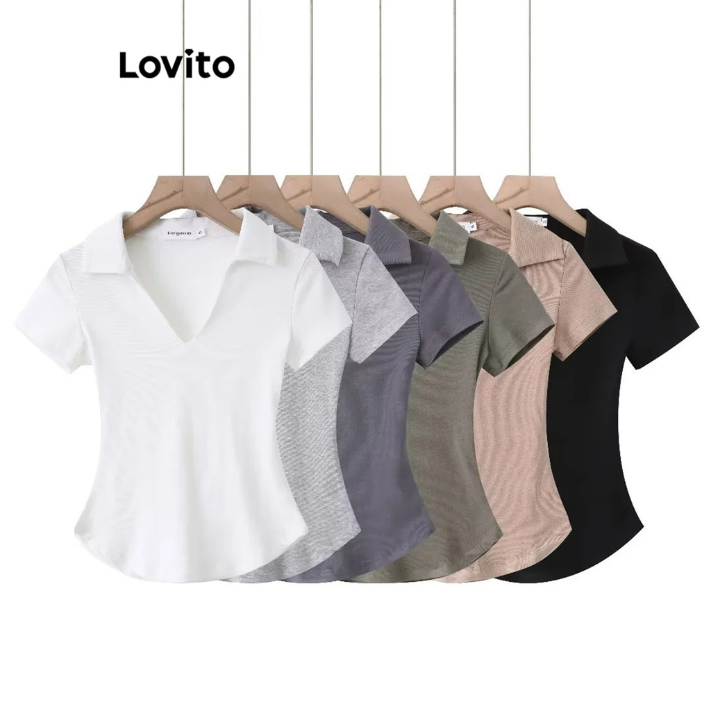 Lovito เสื้อยืดผู้หญิง คอปก เบสิก สีพื้น สไตล์ลำลอง LNL39153 (สีกากีอ่อน /สีเทา/ สีขาว / สีดำ )