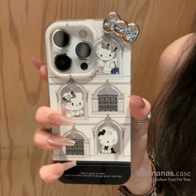 Iphone 15 14 13 12 11 Pro Max X Xr Xs Max 7 8 Plus SE2020 เคสโทรศัพท์น่ารักสีดํา KT Cat + Sliver Bow ปกอ่อน