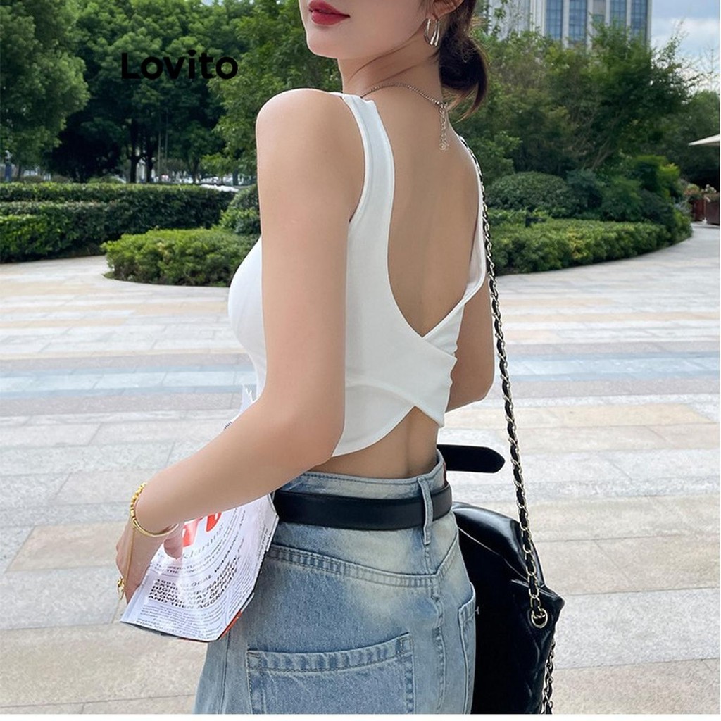 Lovito เสื้อกล้ามไขว้ไขว้แบบสบาย ๆ สำหรับผู้หญิง LNM74112