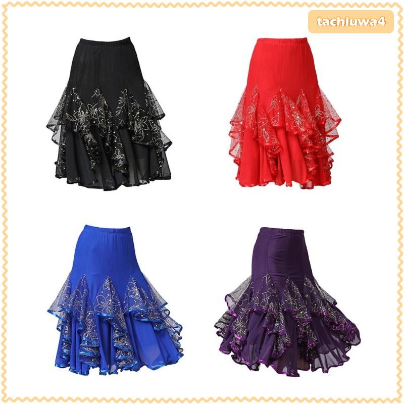 [ M1 Flamenco Ballroom Waltz กระโปรงเต้นรํา ประดับเลื่อม สไตล์โมเดิร์น สีดํา