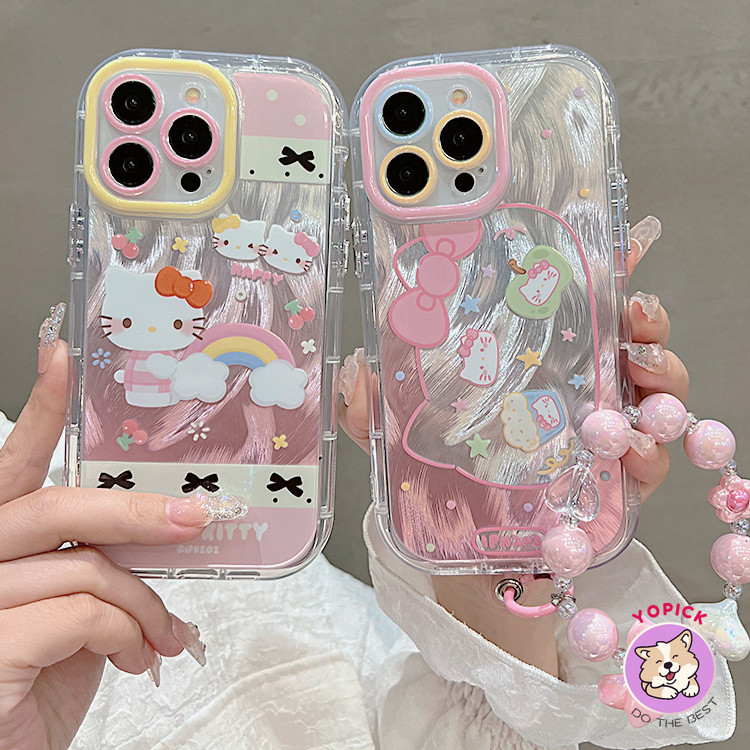 แมวสีชมพูน่ารักเคสโทรศัพท์สําหรับiphone 12Pro Max 13 14Plus 15 XR XS Max 7 8 Plus SE2020 การ์ตูนฝาครอบโทรศัพท์สําหรับIPhone 11Pro Maxนุ่มสาวดอกไม้โซ่เชือกเส้นเล็กสร้อยข้อมือNYS