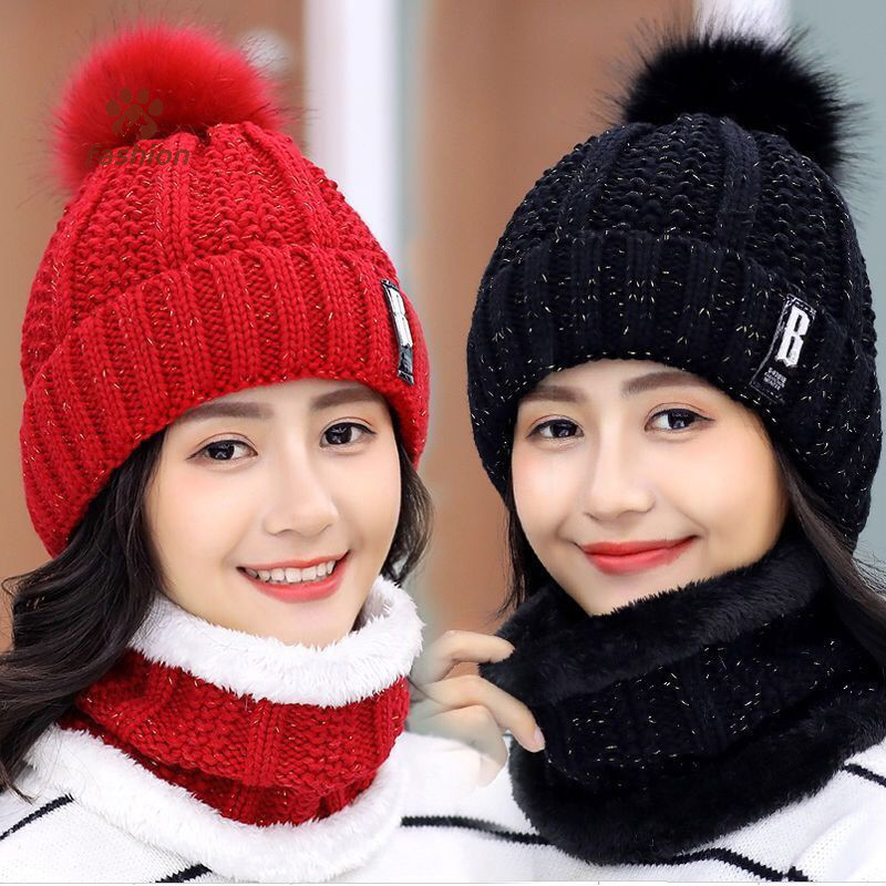 [แฟชั่น] ฤดูหนาวถักผ้าพันคอหมวกชุด กันลม คอป้องกันอบอุ่นหนาผ้าพันคอหนาอบอุ่น กะโหลกศีรษะ หมวกไหมพรม หมวกสําหรับผู้หญิง {ไทย}