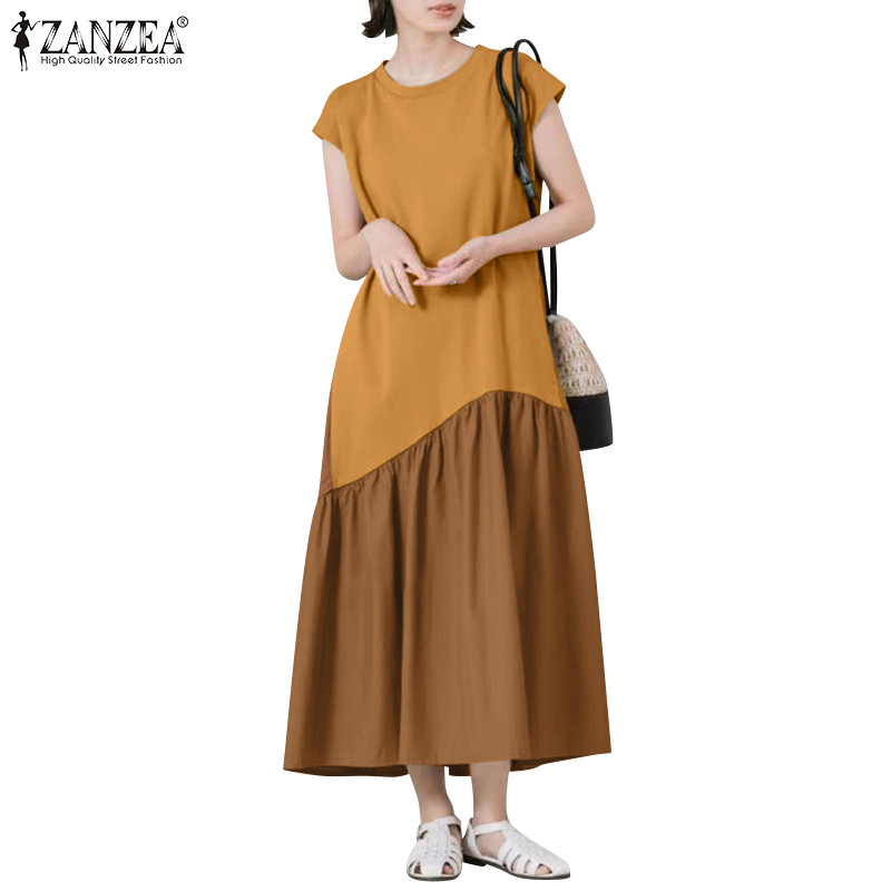 Zanzea ชุดเดรสคอกลมแขนสั้นแฟชั่นสตรีเกาหลี
