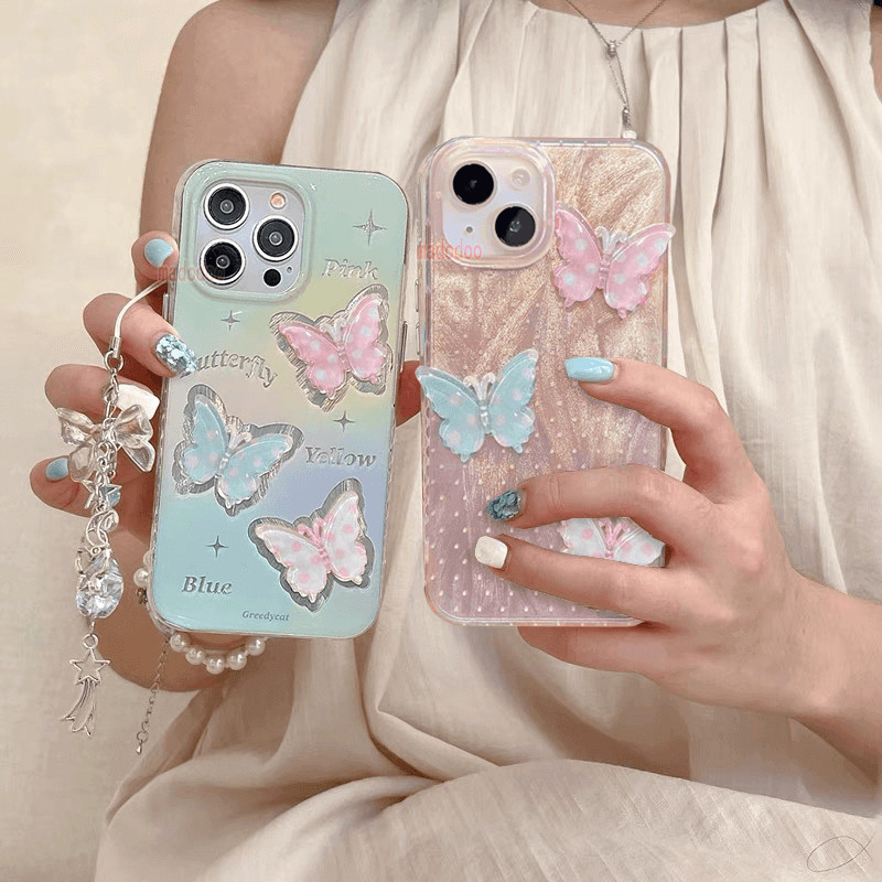 เคส Redmi Note 14 13 Pro+ 12 12S 11 Pro 11S 10 2022 4G 10S 10A A3 A1 A2 A2+ A1+ 13C 12C 10C 9A 9T 9C 9 8 For Xiaomi POCO C65 C61 C55 C50 C51 X6 M6 X5 5G M2 X3 NFC Silver Cute 3D Butterfly Premium Y2K Blue Bow Strap Hard Phone Case YS 44