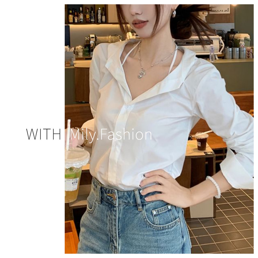 Milyfashion เสื้อเบลาส์แขนยาวสีขาวแบบเดียวกันสำหรับผู้หญิงเสื้อเบลาส์คอวีทรงหลวมแบบใหม่สำหรับฤดูใบไม้ผลิและฤดูใบไม้ร่วง