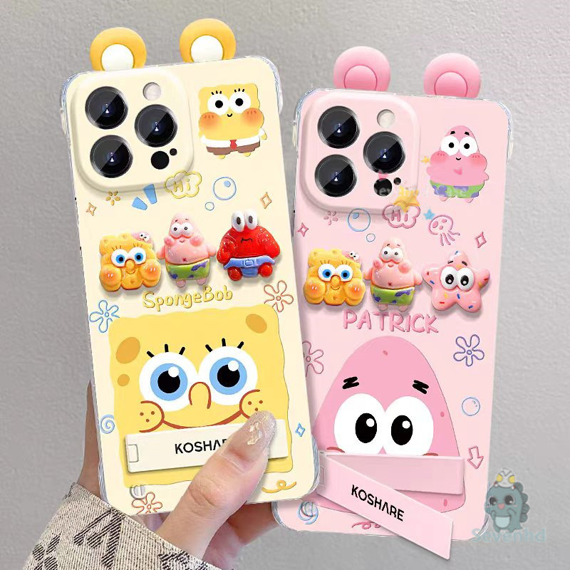 สําหรับ iPhone 11 16 15 14 13 12 Pro Max น่ารักการ์ตูนคู่ Spongebob Patrick พับ 3D หูเคสโทรศัพท์หรูหรา Ultra-thin Clear Full HD ปลอก Soft TPU ป้องกันปกหลัง