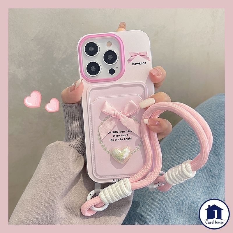 เคสแบบนุ่มพร้อมเชือกคล้องสำหรับใส่บัตรที่มีโบว์ผูกแฟชั่น เข้ากันได้กับ IPhone 13 11 14 15 12 Pro Max XR 7 8Plus XS Max X