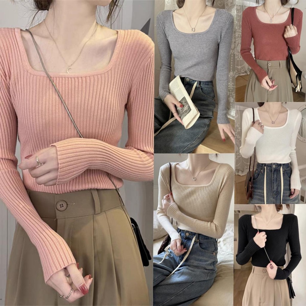Anna เสื้อสเวตเตอร์ถักคอยูสำหรับผู้หญิง เสื้อยืดลายทางแขนยาวสไตล์เกาหลีเหมาะกับโอกาสต่างๆ #3668