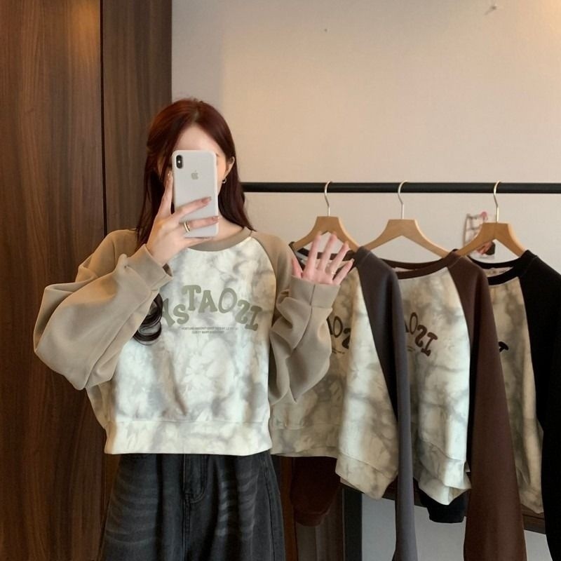 ฤดูใบไม้ผลิฤดูใบไม้ร่วงขนาดเล็กแฟชั่น Tie-Dye พิมพ์สั้นสุภาพสตรีหลวมรอบคอ Raglan เสื้อกันหนาว 6NU7