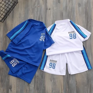 ชุดบาสเก็ตบอลสำหรับเด็กแบบใหม่ฤดูร้อนชุดกีฬาเด็กผู้ชายเสื้อผ้าแห้งเร็วกางเกงขาสั้นแขนสั้นสองชิ้นสำหรับเด็กวัยกลางและใหญ่