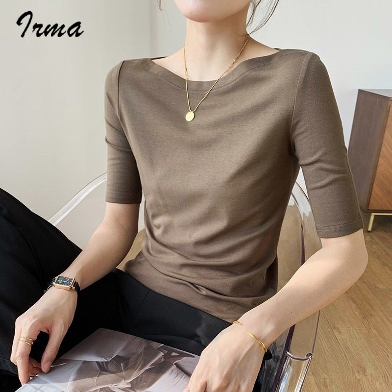 2026ฤดูร้อนใหม่บางปิดไหล่ครึ่งแขนเสื้อสไตล์ตะวันตก Modal ครึ่งแขนเสื้อยืดสตรี