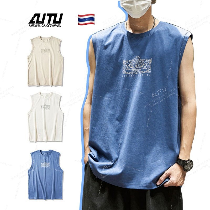 AUTU เสื้อกล้ามผู้ชาย แบรนด์แฟชั่น วินเทจ สไตล์สตรีท ฤดูร้อน แบบบาง แขนกุด เสื้อยืด พร้อมส่ง