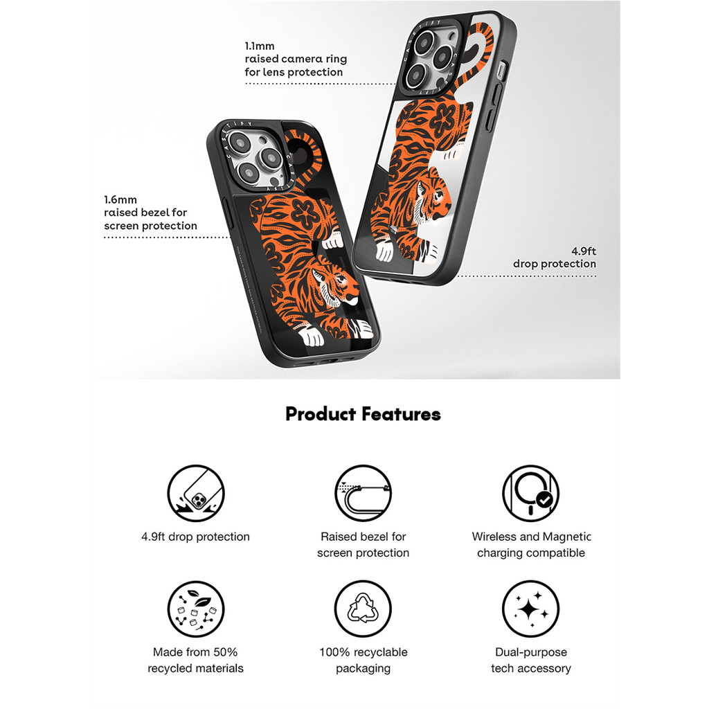 Casetify X The Tiger แม่เหล็กดูด Black & Sliver กระจก IPhone กรณี IPhone 16 15 14 13 12 Pro Max Plus Hard กลับกรณีฝาครอบกล่องแกะสลักโลโก้