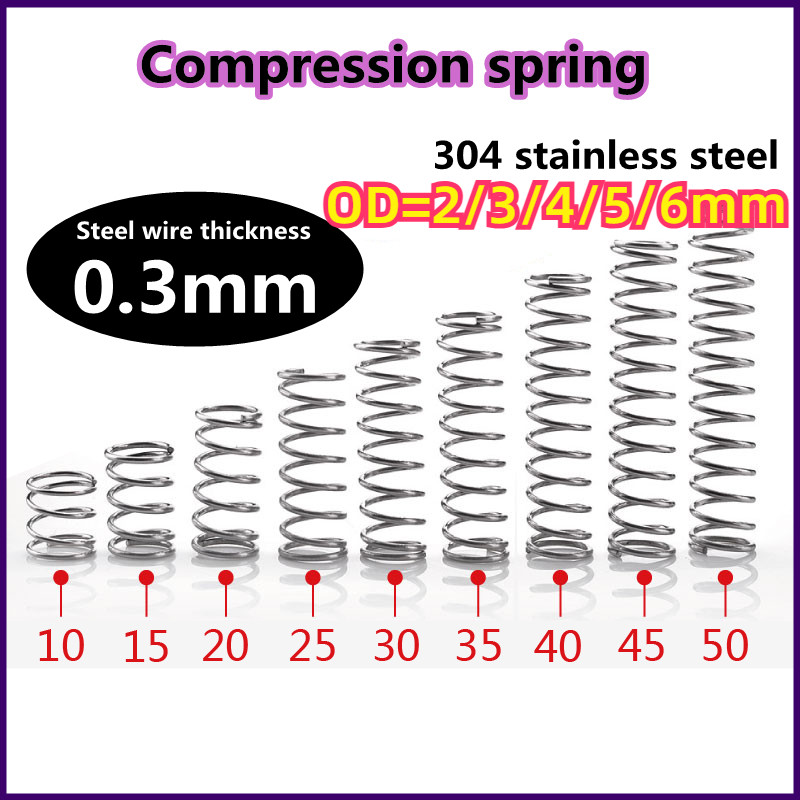 304 สปริงอัดสแตนเลส d0.3 มม. * OD2-6 มม. สปริงอัดแรงดันที่แข็งแกร่ง สปริงป้องกันความเมื่อยล้า (XDT-V