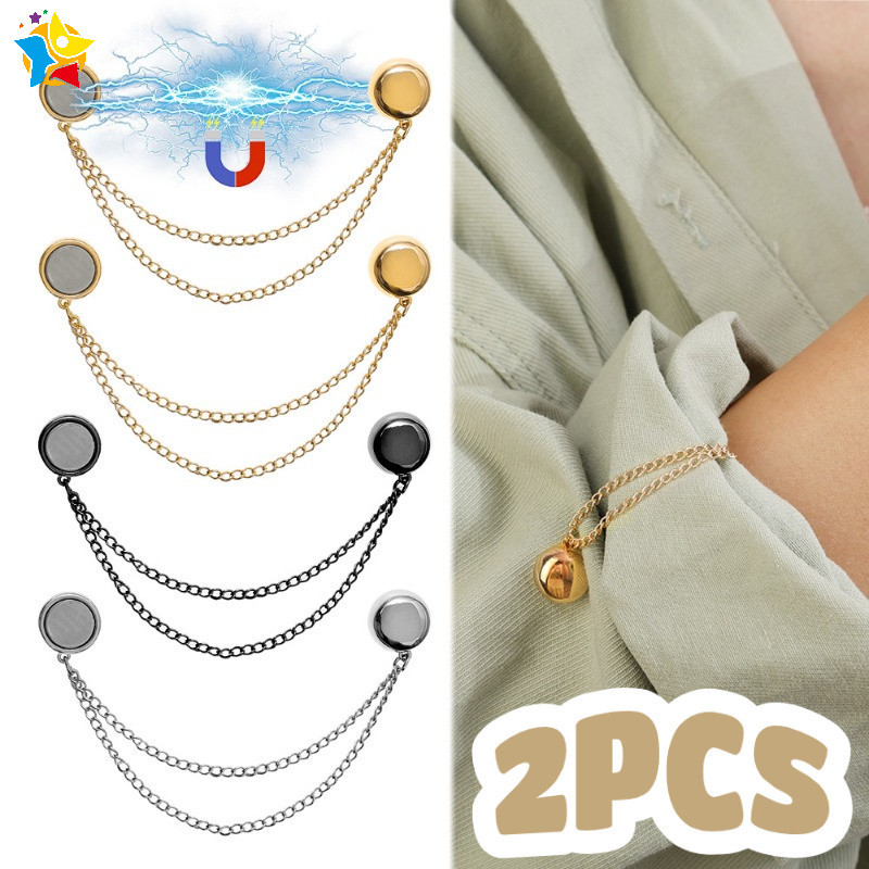 2 ชิ้น Multi-Function แม่เหล็กเสื้อผ้าคลิปพร้อมโซ่ Simple Basic ปุ่มคลิปเสื้อผ้าผ้าพันคอกางเกงขา Cuff Fixing แม่เหล็ก Pin