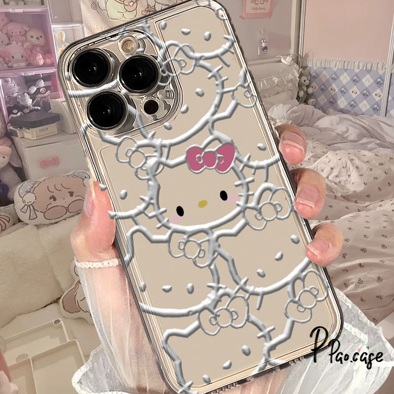 น่ารักโบว์ HelloKitty กรณีโทรศัพท์โปร่งใสเข้ากันได้ เคสไอโฟน 11 15 13 12 14 Pro Max XR XS X Max 7 15 14 8 Plus SE 2020