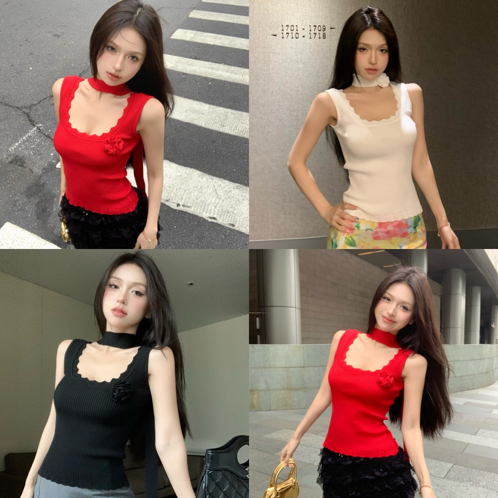 🌟Soroh🌟เสื้อกล้าม ไหมพรม ขอบหยัก ตกแต่งดอกไม้ เข้ารูป ผ้านุ่ม✨เสื้อครอป สไตล์เกาหลี ทรงสวย น่ารักๆ🌙#M6605
