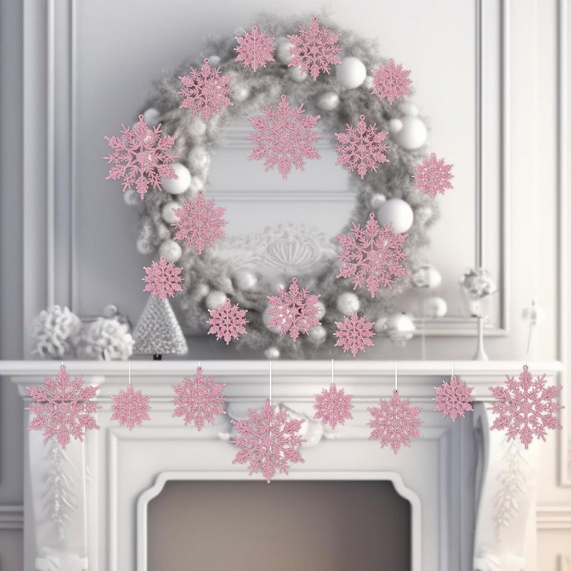 12pcs 15 ซม.สีชมพูเกล็ดหิมะจี้ Glitter ผงเกล็ดหิมะ Xmas Tree อุปกรณ์เสริมตกแต่งคริสต์มาส 2025 ปีใหม่แขวนตกแต่ง